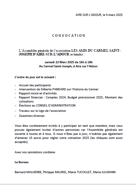 Convocation Assemblée Générale du 22 mars 2025